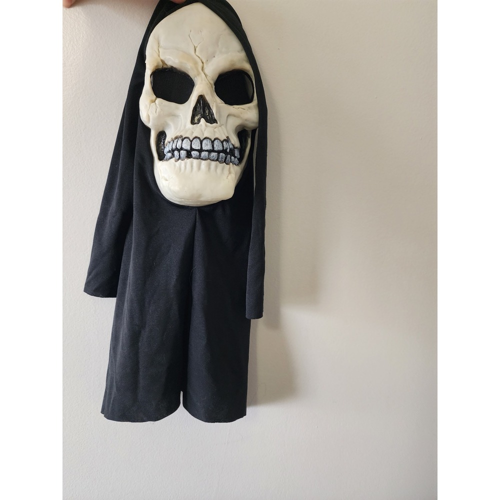 Vintage Grim Reaper Skull Mask Black Hooded Halloween Horror Costume Goth Decor